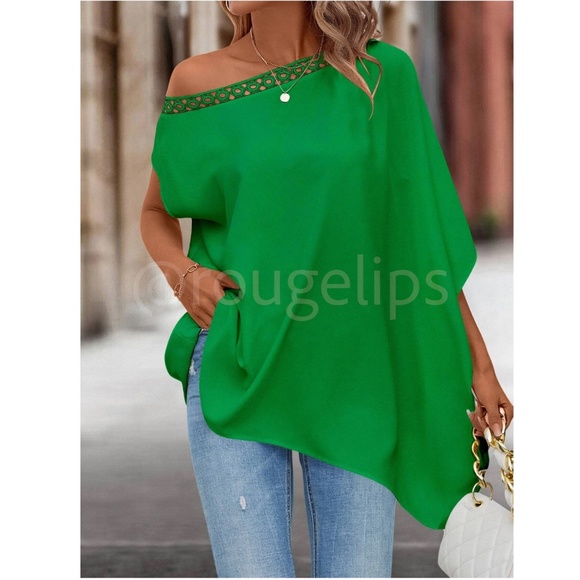 Guipure Trim Off Shoulder Green Loose Fitting Flowy Blouse Top - Picture 2 of 7